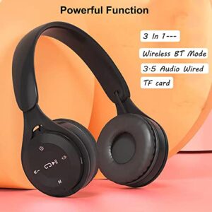 Kids Bluetooth Headphones, On-Ear Wireless Bluetooth 5.0 Headsets, Comfortable Protein Earpad & Folding Storage, Stereo Shock Bass Headphones with Mic for Learning Online Lessons Music Game (Black)