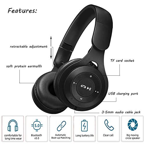 Kids Bluetooth Headphones, On-Ear Wireless Bluetooth 5.0 Headsets, Comfortable Protein Earpad & Folding Storage, Stereo Shock Bass Headphones with Mic for Learning Online Lessons Music Game (Black)