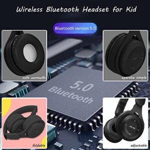 Kids Bluetooth Headphones, On-Ear Wireless Bluetooth 5.0 Headsets, Comfortable Protein Earpad & Folding Storage, Stereo Shock Bass Headphones with Mic for Learning Online Lessons Music Game (Black)