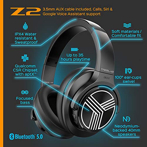 TREBLAB Z2 | Over Ear Workout Headphones with Microphone | Bluetooth 5.0, Active Noise Cancelling (ANC) | Up to 35H Battery Life | Wireless Headphones for Sport, Workout, Running, Gym (Black)(Renewed)