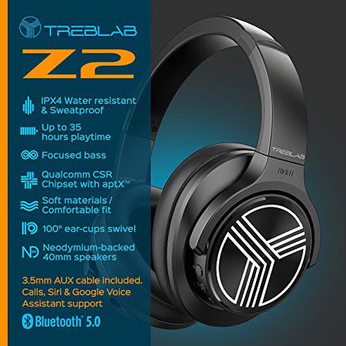 TREBLAB Z2 | Over Ear Workout Headphones with Microphone | Bluetooth 5.0, Active Noise Cancelling (ANC) | Up to 35H Battery Life | Wireless Headphones for Sport, Workout, Running, Gym (Black)(Renewed)