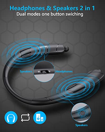 Bluenin Bluetooth Headphones Speaker 2 in 1,Neckband Bluetooth Headphones Retractable Earbuds with Built-in TF Card,Wireless Wearable Speaker Sweatproof Headset with Mic (Black)