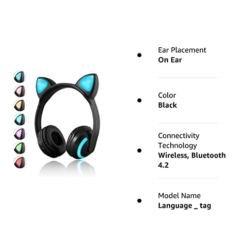 Luckyu Wireless Bluetooth Cat Ear Headphones with Mic 7 Colors LED Light Flashing Glowing On-Ear Stereo Headset Compatible with Smartphones PC Tablet