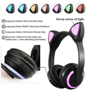 Luckyu Wireless Bluetooth Cat Ear Headphones with Mic 7 Colors LED Light Flashing Glowing On-Ear Stereo Headset Compatible with Smartphones PC Tablet