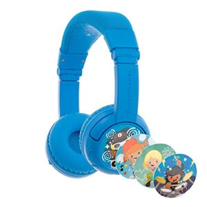 onanoff buddyphones play+, wireless bluetooth volume-limiting kids headphones, 20-hours battery life, 3 volume settings, voice enhancing studymode, answer/playback button, buddylink cable, cool blue