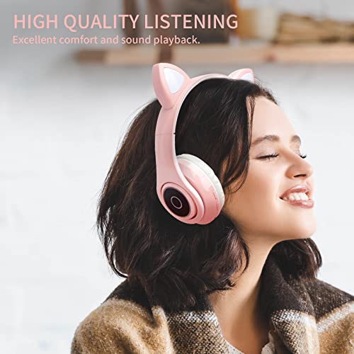 QIGOMINPP Bluetooth Headphones Over Head, Rechargeable Wireless Headphones with LED Lighting for Women Girls Students Kids Tablet School iPad Smartphones (Pink)