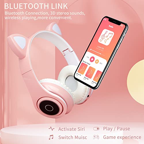 QIGOMINPP Bluetooth Headphones Over Head, Rechargeable Wireless Headphones with LED Lighting for Women Girls Students Kids Tablet School iPad Smartphones (Pink)