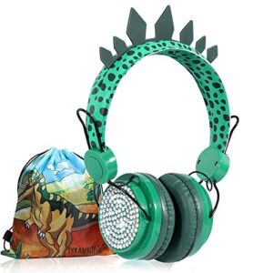 kids headphones boys wireless bluetooth headset w/mic over on ear for school/pc/ipad,dinosaur headphones for kids children girls, volume limited adjustable headset w/1pc dinosaur party bag, green