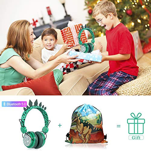 Kids Headphones Boys Wireless Bluetooth Headset w/Mic Over On Ear for School/pc/ipad,Dinosaur Headphones for Kids Children Girls, Volume Limited Adjustable Headset w/1pc Dinosaur Party Bag, Green