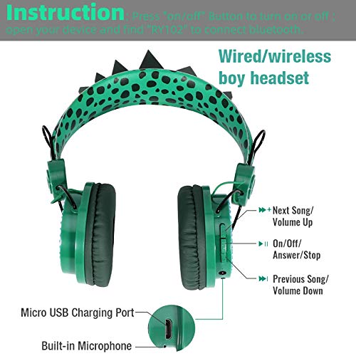 Kids Headphones Boys Wireless Bluetooth Headset w/Mic Over On Ear for School/pc/ipad,Dinosaur Headphones for Kids Children Girls, Volume Limited Adjustable Headset w/1pc Dinosaur Party Bag, Green