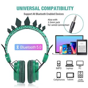 Kids Headphones Boys Wireless Bluetooth Headset w/Mic Over On Ear for School/pc/ipad,Dinosaur Headphones for Kids Children Girls, Volume Limited Adjustable Headset w/1pc Dinosaur Party Bag, Green