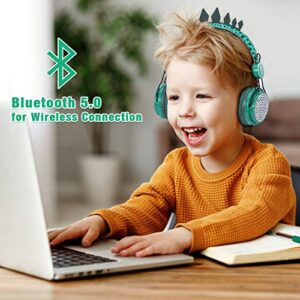 Kids Headphones Boys Wireless Bluetooth Headset w/Mic Over On Ear for School/pc/ipad,Dinosaur Headphones for Kids Children Girls, Volume Limited Adjustable Headset w/1pc Dinosaur Party Bag, Green