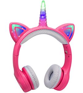 yusonic unicorn headphones for girls,15 hours play time,bluetooth unicorn headphones toddler school laptop cellphones plane use, light up wireless kid headphone birthday gifts (pink)