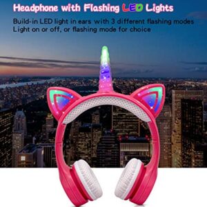 YUSONIC Unicorn Headphones for Girls,15 Hours Play time,Bluetooth Unicorn Headphones Toddler School Laptop Cellphones Plane use, Light Up Wireless Kid Headphone Birthday Gifts (Pink)