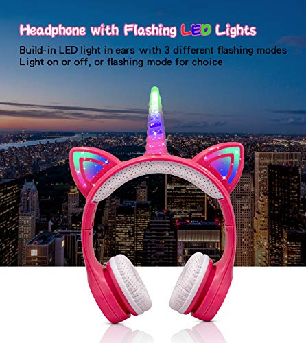 YUSONIC Unicorn Headphones for Girls,15 Hours Play time,Bluetooth Unicorn Headphones Toddler School Laptop Cellphones Plane use, Light Up Wireless Kid Headphone Birthday Gifts (Pink)