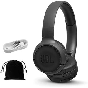 jbl tune 500bt – on-ear wireless bluetooth headphones, includes bonus extended 5ft charging cable and velvet storage pouch – black