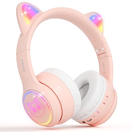 Cat Ear Headphones for Children IFECCO Cute Bluetooth Wireless Headset On-Ear with Led Light Up for Kids Girls Boys School Travel (Pink)