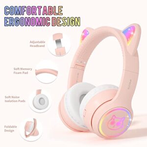 Cat Ear Headphones for Children IFECCO Cute Bluetooth Wireless Headset On-Ear with Led Light Up for Kids Girls Boys School Travel (Pink)