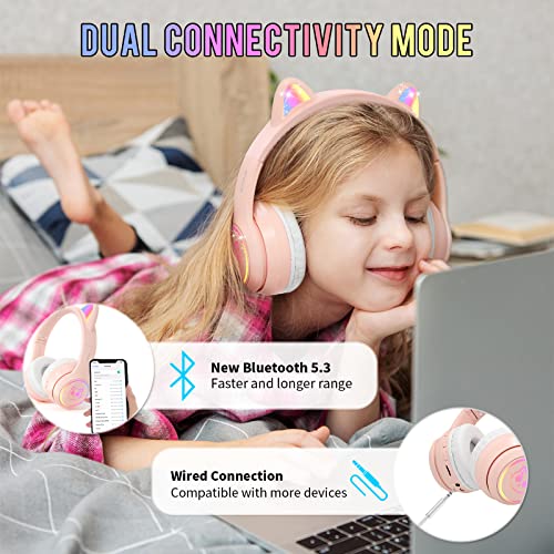 Cat Ear Headphones for Children IFECCO Cute Bluetooth Wireless Headset On-Ear with Led Light Up for Kids Girls Boys School Travel (Pink)