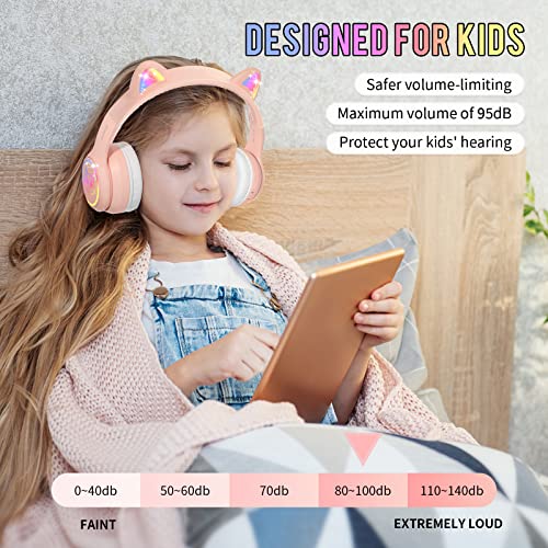 Cat Ear Headphones for Children IFECCO Cute Bluetooth Wireless Headset On-Ear with Led Light Up for Kids Girls Boys School Travel (Pink)