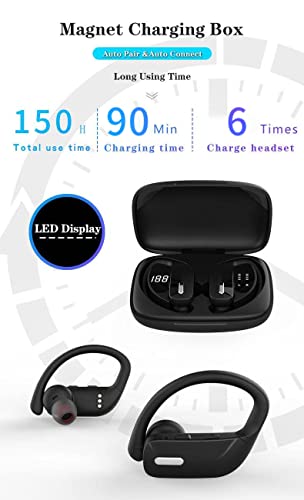 Wireless Earbuds Bluetooth Headphones 48hrs Play Back Sport Earphones with LED Display Over-Ear Buds with Earhooks Built-in Mic Headset for Workout BlackBWISUP