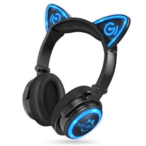 mindkoo wireless headphones bluetooth, cat ear over ear headphones, led light up 7 color blinking, safe foldable headset stero, with microphone, for kids adults