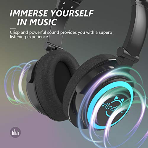 Mindkoo Wireless Headphones Bluetooth, Cat Ear Over Ear Headphones, LED Light Up 7 Color Blinking, Safe Foldable Headset Stero, with Microphone, for Kids Adults
