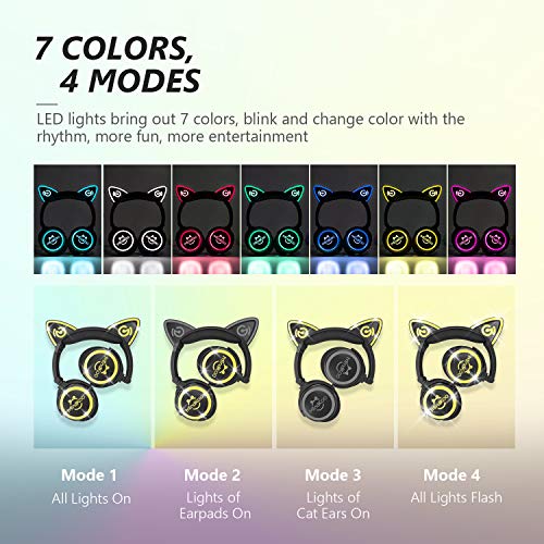 Mindkoo Wireless Headphones Bluetooth, Cat Ear Over Ear Headphones, LED Light Up 7 Color Blinking, Safe Foldable Headset Stero, with Microphone, for Kids Adults