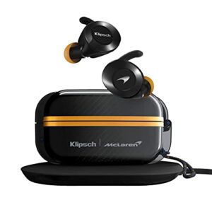 klipsch t5 ii true wireless sport earphones mclaren edition with dust/waterproof case & earbuds, best fitting ear tips, ear wings, 32 hours of battery life, & wireless charging case