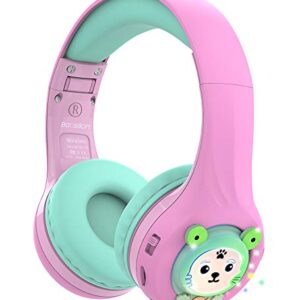 Riwbox Kids Bluetooth Headphones, Baosilon FB-7S Frog Kids Toddler Headphones for School with Mic, 75/85/95dB Volume Limited Light Up Wireless Headphones Over Ear for Girls (Pink&Green)