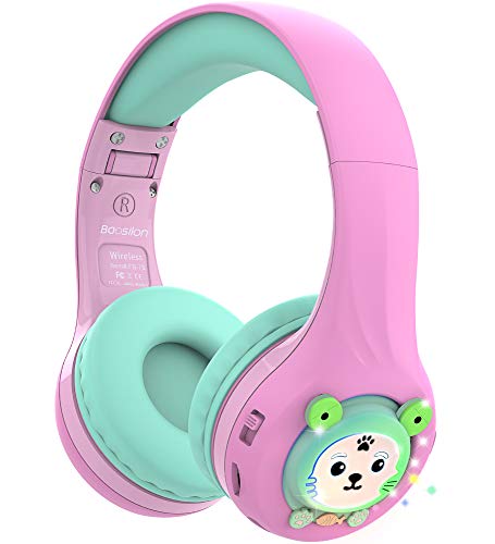 Riwbox Kids Bluetooth Headphones, Baosilon FB-7S Frog Kids Toddler Headphones for School with Mic, 75/85/95dB Volume Limited Light Up Wireless Headphones Over Ear for Girls (Pink&Green)