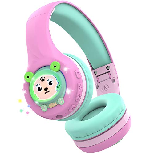 Riwbox Kids Bluetooth Headphones, Baosilon FB-7S Frog Kids Toddler Headphones for School with Mic, 75/85/95dB Volume Limited Light Up Wireless Headphones Over Ear for Girls (Pink&Green)