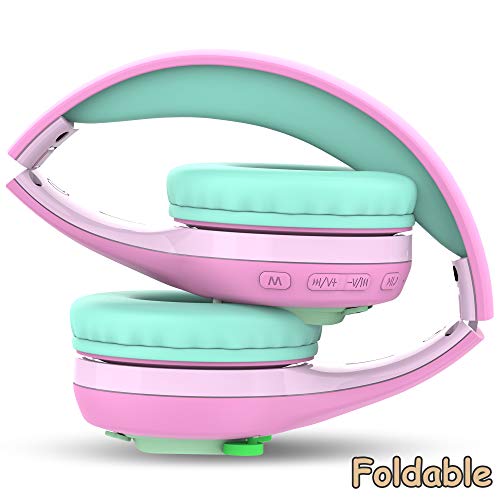 Riwbox Kids Bluetooth Headphones, Baosilon FB-7S Frog Kids Toddler Headphones for School with Mic, 75/85/95dB Volume Limited Light Up Wireless Headphones Over Ear for Girls (Pink&Green)