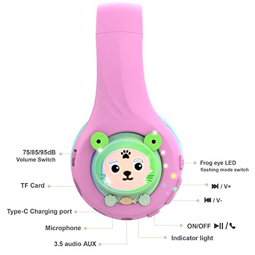 Riwbox Kids Bluetooth Headphones, Baosilon FB-7S Frog Kids Toddler Headphones for School with Mic, 75/85/95dB Volume Limited Light Up Wireless Headphones Over Ear for Girls (Pink&Green)