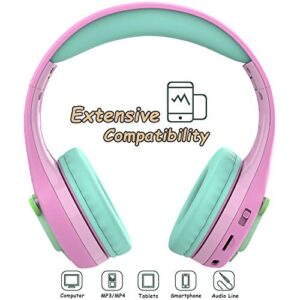 Riwbox Kids Bluetooth Headphones, Baosilon FB-7S Frog Kids Toddler Headphones for School with Mic, 75/85/95dB Volume Limited Light Up Wireless Headphones Over Ear for Girls (Pink&Green)