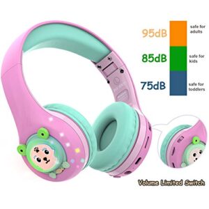 Riwbox Kids Bluetooth Headphones, Baosilon FB-7S Frog Kids Toddler Headphones for School with Mic, 75/85/95dB Volume Limited Light Up Wireless Headphones Over Ear for Girls (Pink&Green)