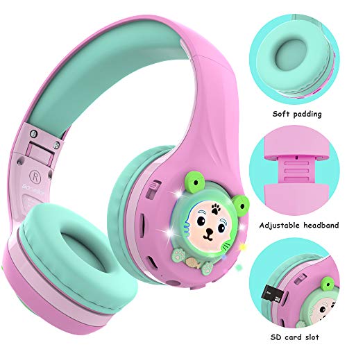 Riwbox Kids Bluetooth Headphones, Baosilon FB-7S Frog Kids Toddler Headphones for School with Mic, 75/85/95dB Volume Limited Light Up Wireless Headphones Over Ear for Girls (Pink&Green)