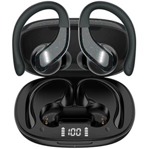comiso wireless earbuds, ipx7 waterproof bluetooth headphones, big bass, sport earphones with earhooks led display built-in mic 48h charging case bluetooth 5.2 for workout running jogging black