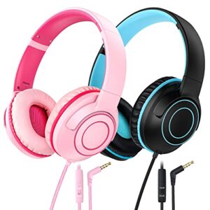 kids headphones wired with microphone, 85/94db volume limit, foldable adjustable headphone for girls boys children, tangle-free 3.5mm jack wired for study, school, kids headset for ipad (pink&black)
