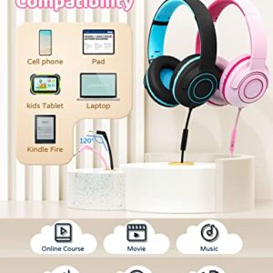 Kids Headphones Wired with Microphone, 85/94dB Volume Limit, Foldable Adjustable Headphone for Girls Boys Children, Tangle-Free 3.5mm Jack Wired for Study, School, Kids Headset for iPad (pink&black)