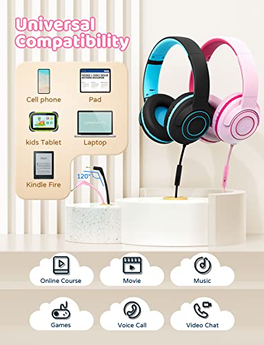 Kids Headphones Wired with Microphone, 85/94dB Volume Limit, Foldable Adjustable Headphone for Girls Boys Children, Tangle-Free 3.5mm Jack Wired for Study, School, Kids Headset for iPad (pink&black)