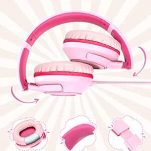 Kids Headphones Wired with Microphone, 85/94dB Volume Limit, Foldable Adjustable Headphone for Girls Boys Children, Tangle-Free 3.5mm Jack Wired for Study, School, Kids Headset for iPad (pink&black)
