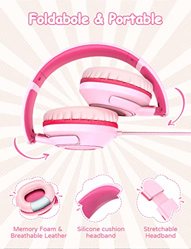 Kids Headphones Wired with Microphone, 85/94dB Volume Limit, Foldable Adjustable Headphone for Girls Boys Children, Tangle-Free 3.5mm Jack Wired for Study, School, Kids Headset for iPad (pink&black)