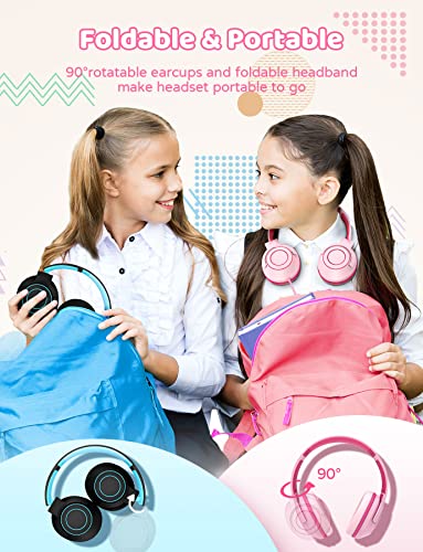 Kids Headphones Wired with Microphone, 85/94dB Volume Limit, Foldable Adjustable Headphone for Girls Boys Children, Tangle-Free 3.5mm Jack Wired for Study, School, Kids Headset for iPad (pink&black)