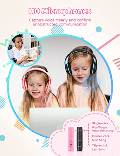 Kids Headphones Wired with Microphone, 85/94dB Volume Limit, Foldable Adjustable Headphone for Girls Boys Children, Tangle-Free 3.5mm Jack Wired for Study, School, Kids Headset for iPad (pink&black)