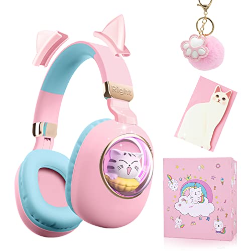 QearFun 7 Colors LED Light Up 3D Cat Headphones Bluetooth, Foldable Cat Ear Wireless On Ear Earphones Gaming Headset with Mic & 3.5mm Jack, Gifts for Kids/Teen Girls/Cat Lover/iPad/Tablet（Pink）