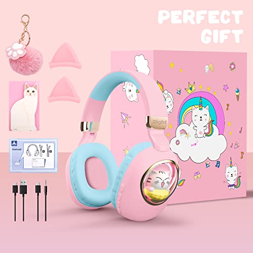 QearFun 7 Colors LED Light Up 3D Cat Headphones Bluetooth, Foldable Cat Ear Wireless On Ear Earphones Gaming Headset with Mic & 3.5mm Jack, Gifts for Kids/Teen Girls/Cat Lover/iPad/Tablet（Pink）