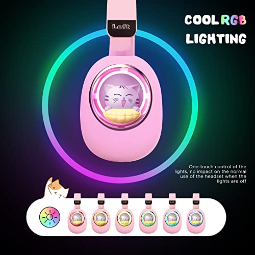 QearFun 7 Colors LED Light Up 3D Cat Headphones Bluetooth, Foldable Cat Ear Wireless On Ear Earphones Gaming Headset with Mic & 3.5mm Jack, Gifts for Kids/Teen Girls/Cat Lover/iPad/Tablet（Pink）