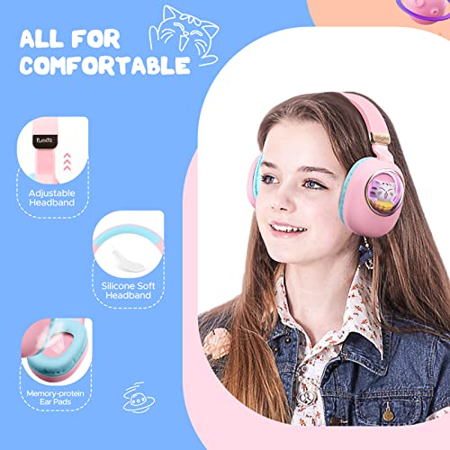 QearFun 7 Colors LED Light Up 3D Cat Headphones Bluetooth, Foldable Cat Ear Wireless On Ear Earphones Gaming Headset with Mic & 3.5mm Jack, Gifts for Kids/Teen Girls/Cat Lover/iPad/Tablet（Pink）