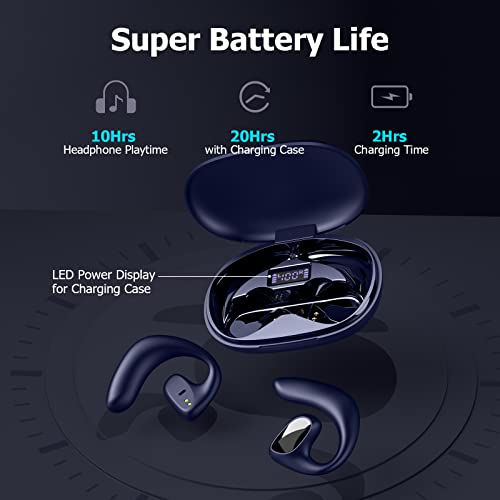 Open Ear Headphones,True Wireless Bluetooth Earbuds with Earhooks,30Hrs Playtime with Charging Case and LED Power Display,Sport Workout Earbuds Built in Mic Waterproof Bass Sound Headset Blue